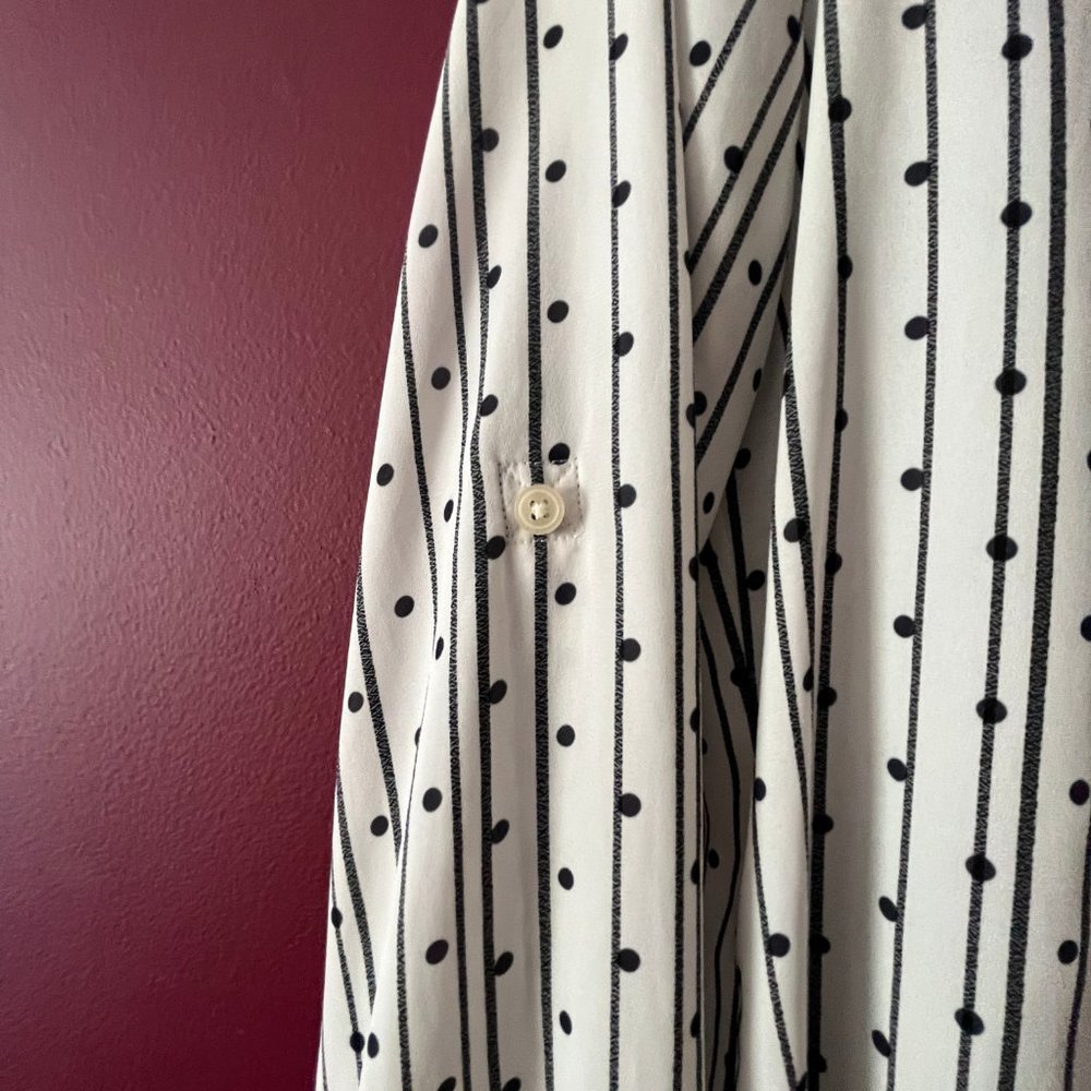 Loft: Camp shirt white with black stripes and black velvet flocked dots. Size . - Picture 3 of 7